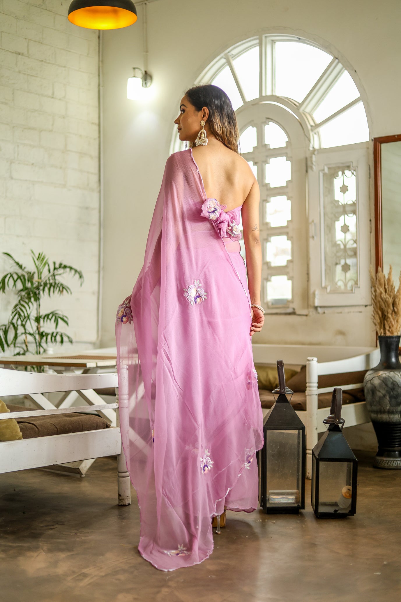 Lilac Blossom Chiffon Saree (Hand Embroidered Chiffon Saree