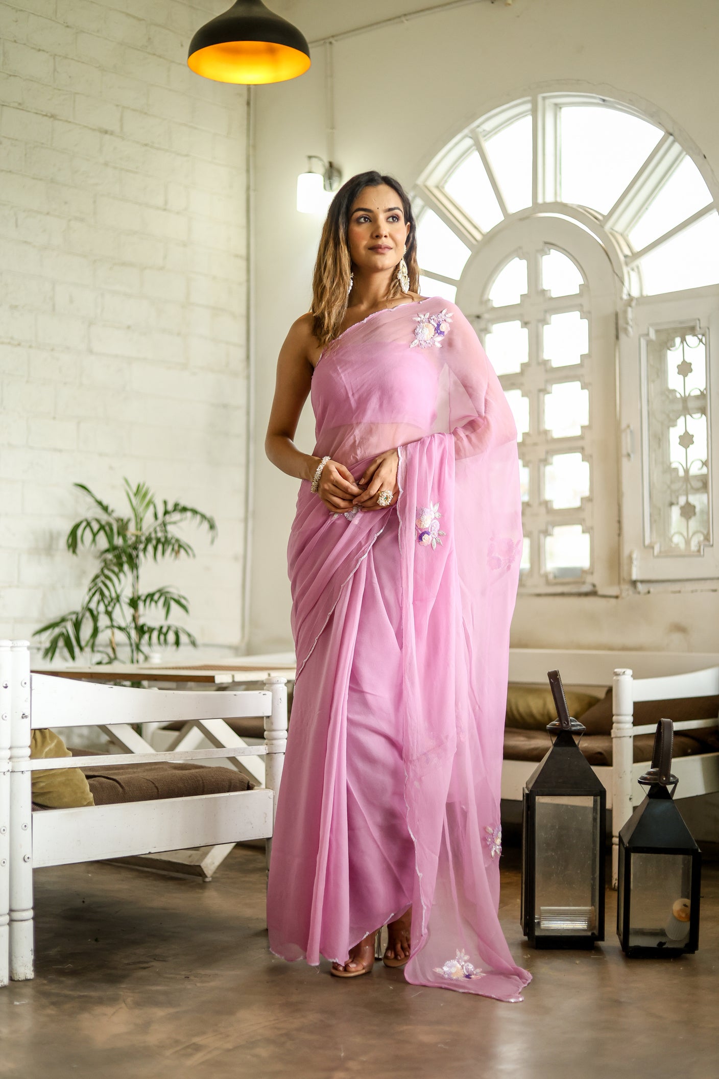 Lilac Blossom Chiffon Saree (Hand Embroidered Chiffon Saree