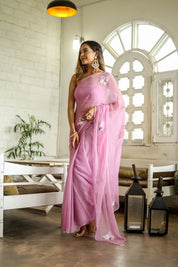 Lilac Blossom Chiffon Saree (Hand Embroidered Chiffon Saree