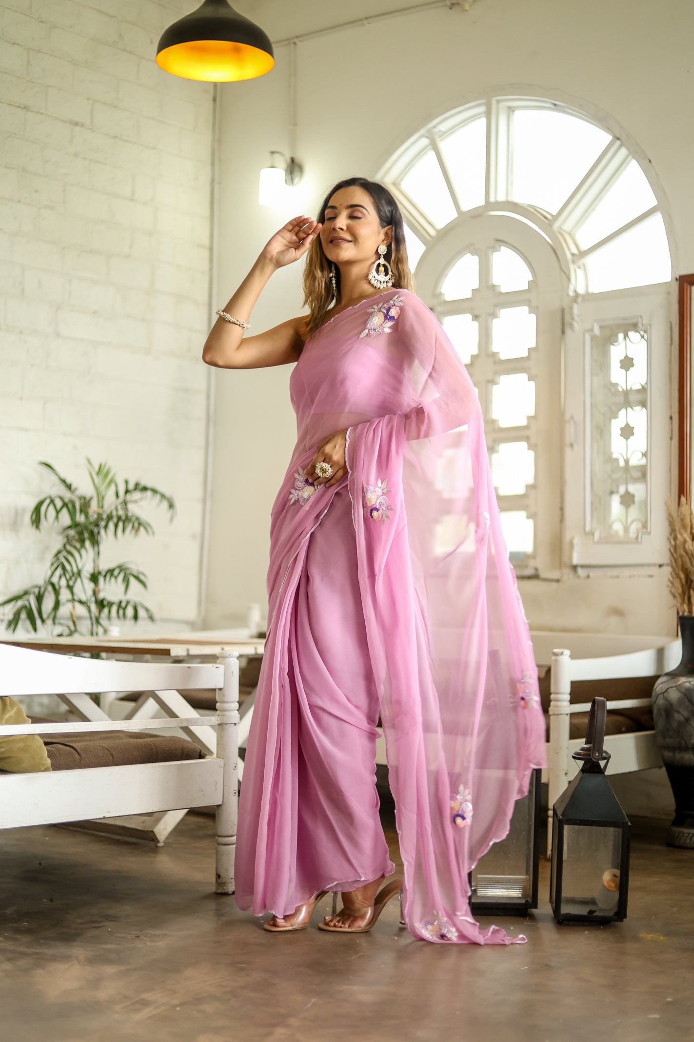 Lilac Blossom Chiffon Saree (Hand Embroidered Chiffon Saree
