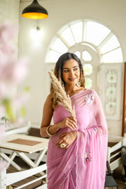 Lilac Blossom Chiffon Saree (Hand Embroidered Chiffon Saree
