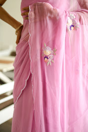 Lilac Blossom Chiffon Saree (Hand Embroidered Chiffon Saree