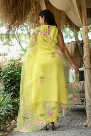Lotus Glow (Pure Mal Chanderi Handpainted Kurta Set with Organza Dupatta)