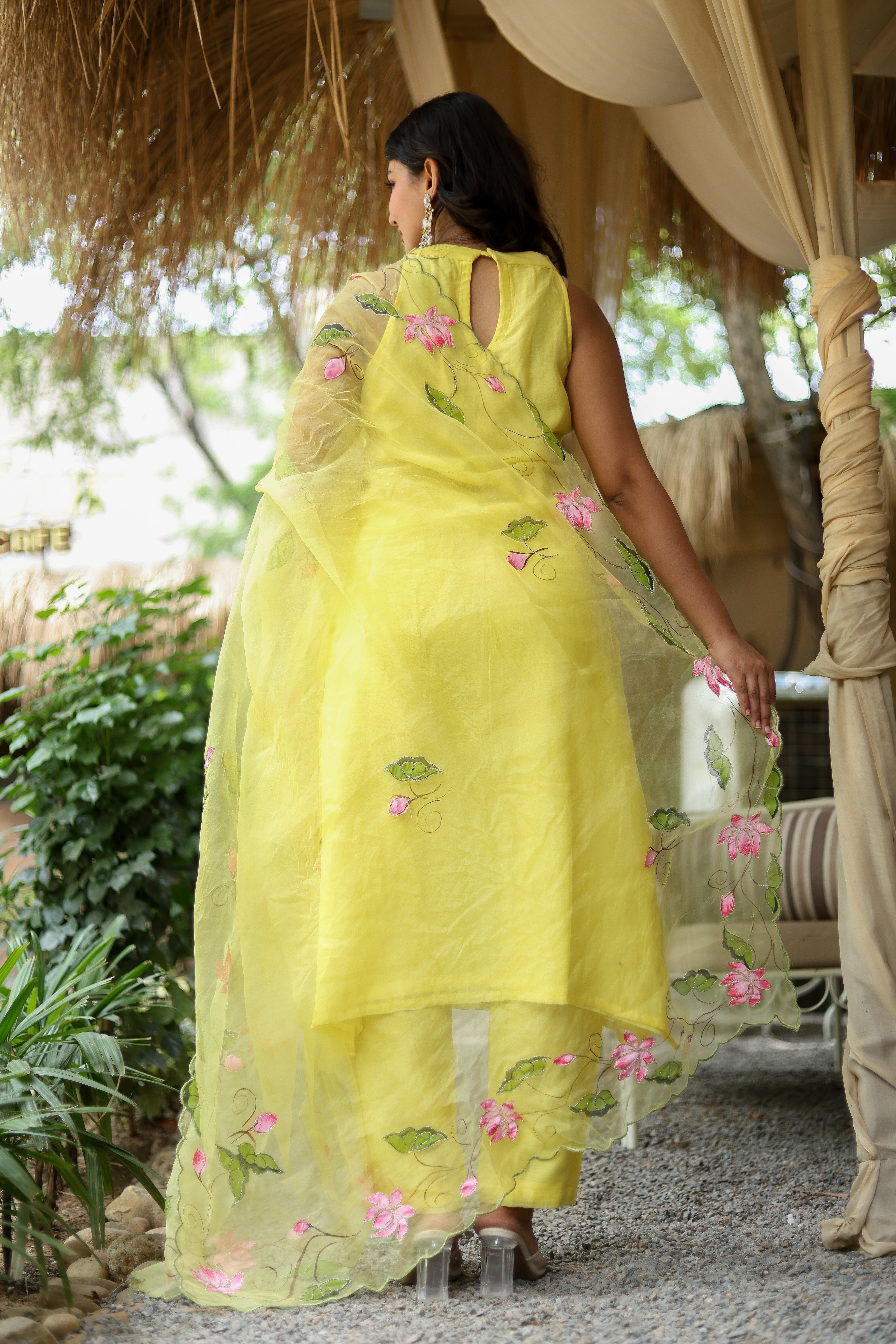 Lotus Glow (Pure Mal Chanderi Handpainted Kurta Set with Organza Dupatta)