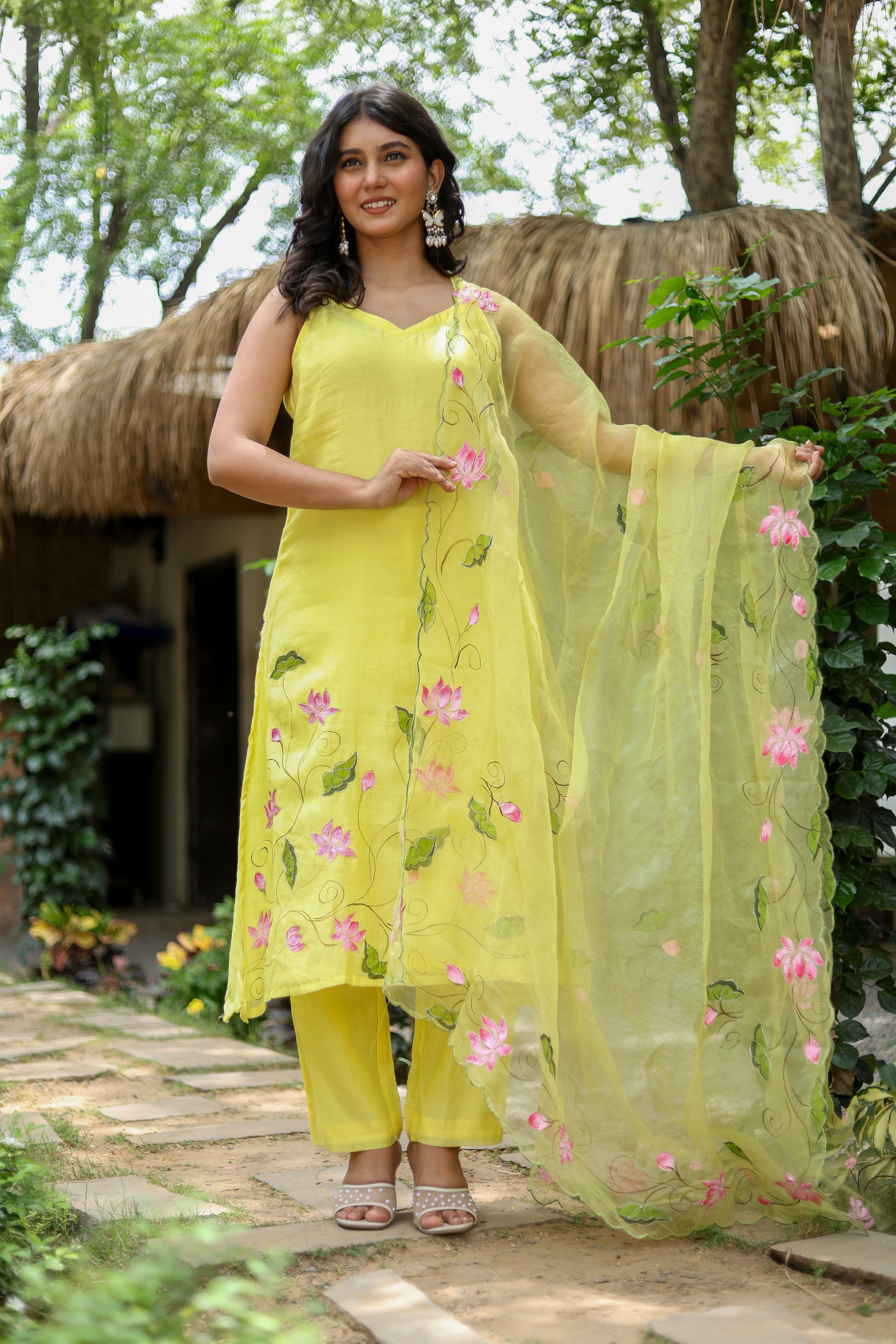 Lotus Glow (Pure Mal Chanderi Handpainted Kurta Set with Organza Dupatta)
