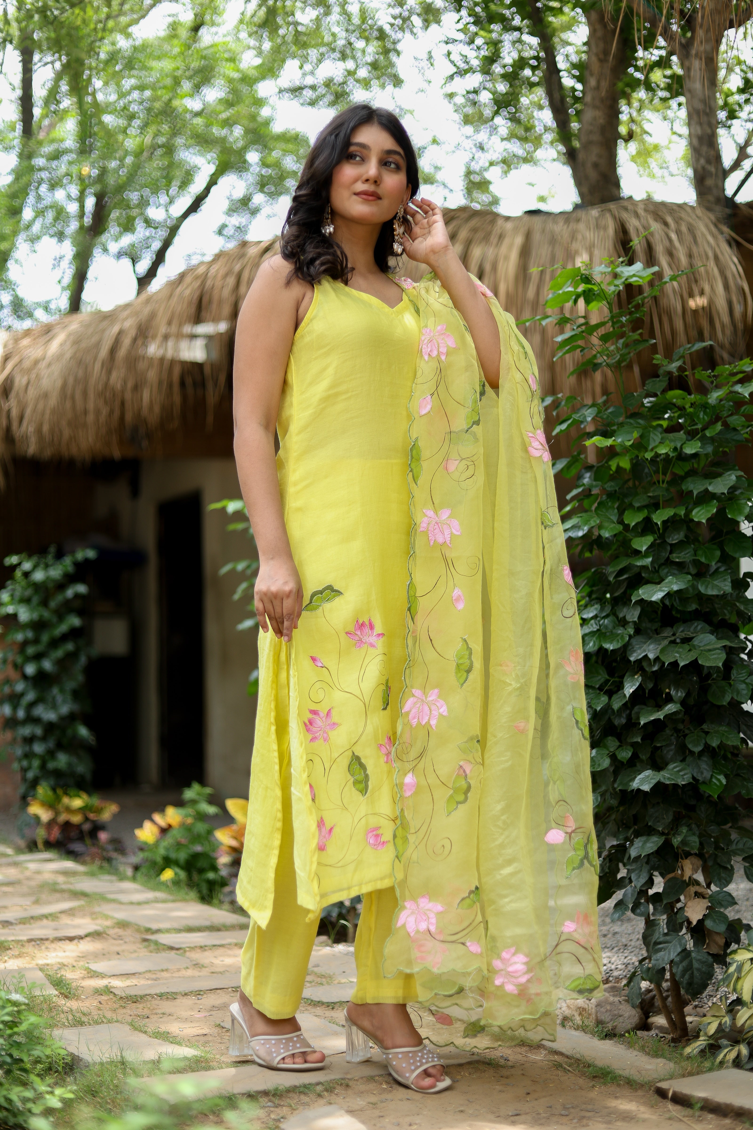 Lotus Glow (Pure Mal Chanderi Handpainted Kurta Set with Organza Dupatta)