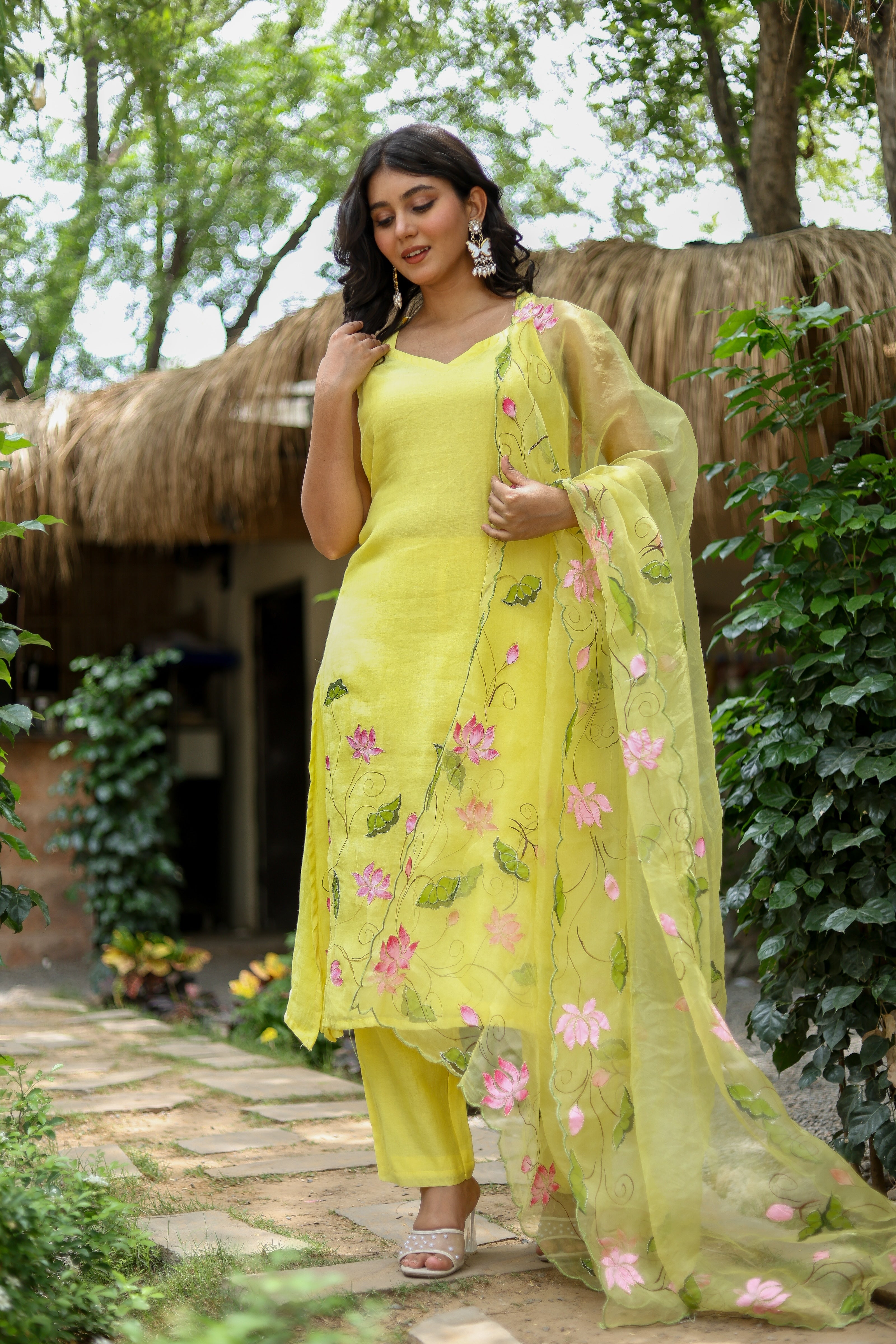 Lotus Glow (Pure Mal Chanderi Handpainted Kurta Set with Organza Dupatta)