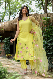 Lotus Glow (Pure Mal Chanderi Handpainted Kurta Set with Organza Dupatta)