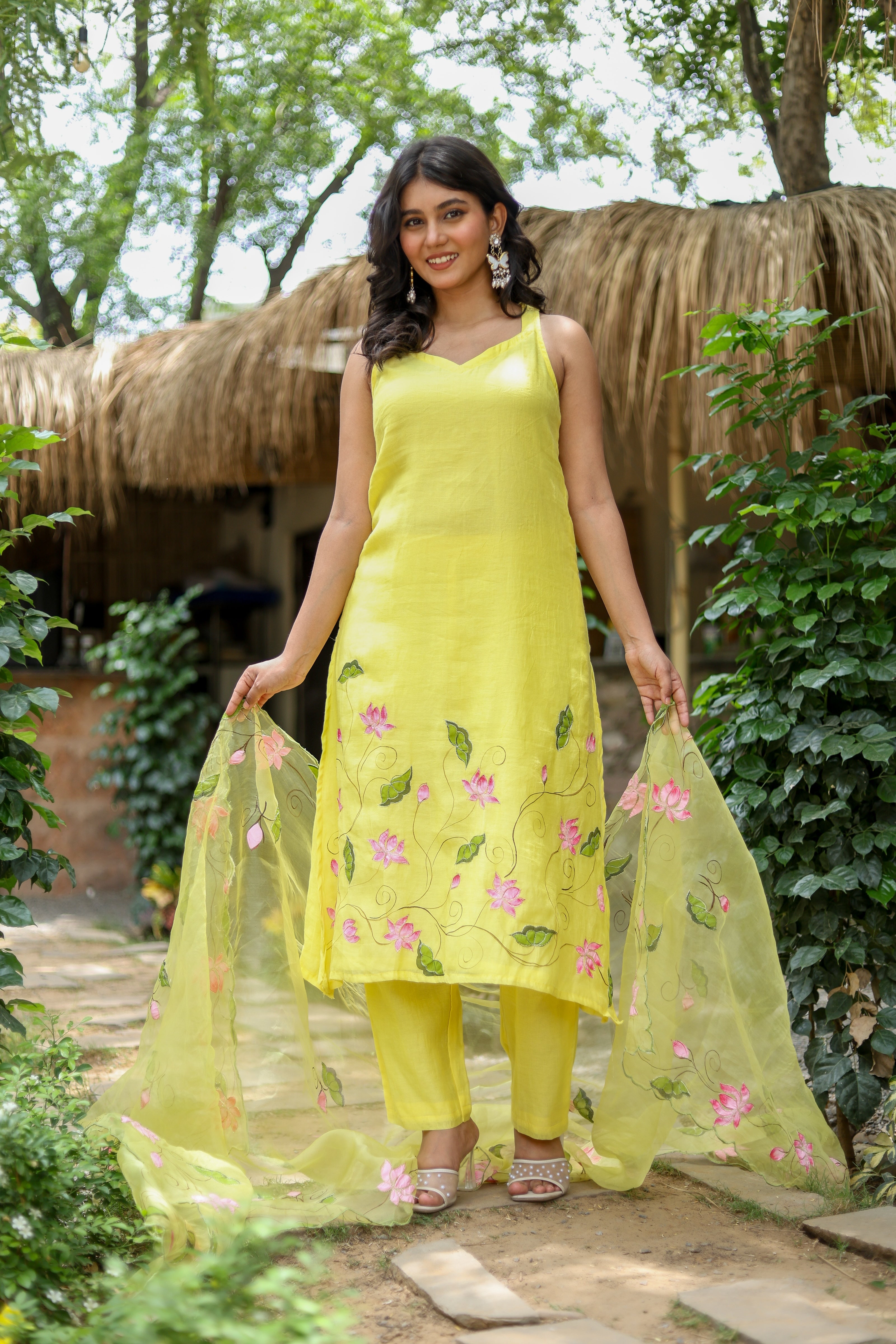 Lotus Glow (Pure Mal Chanderi Handpainted Kurta Set with Organza Dupatta)