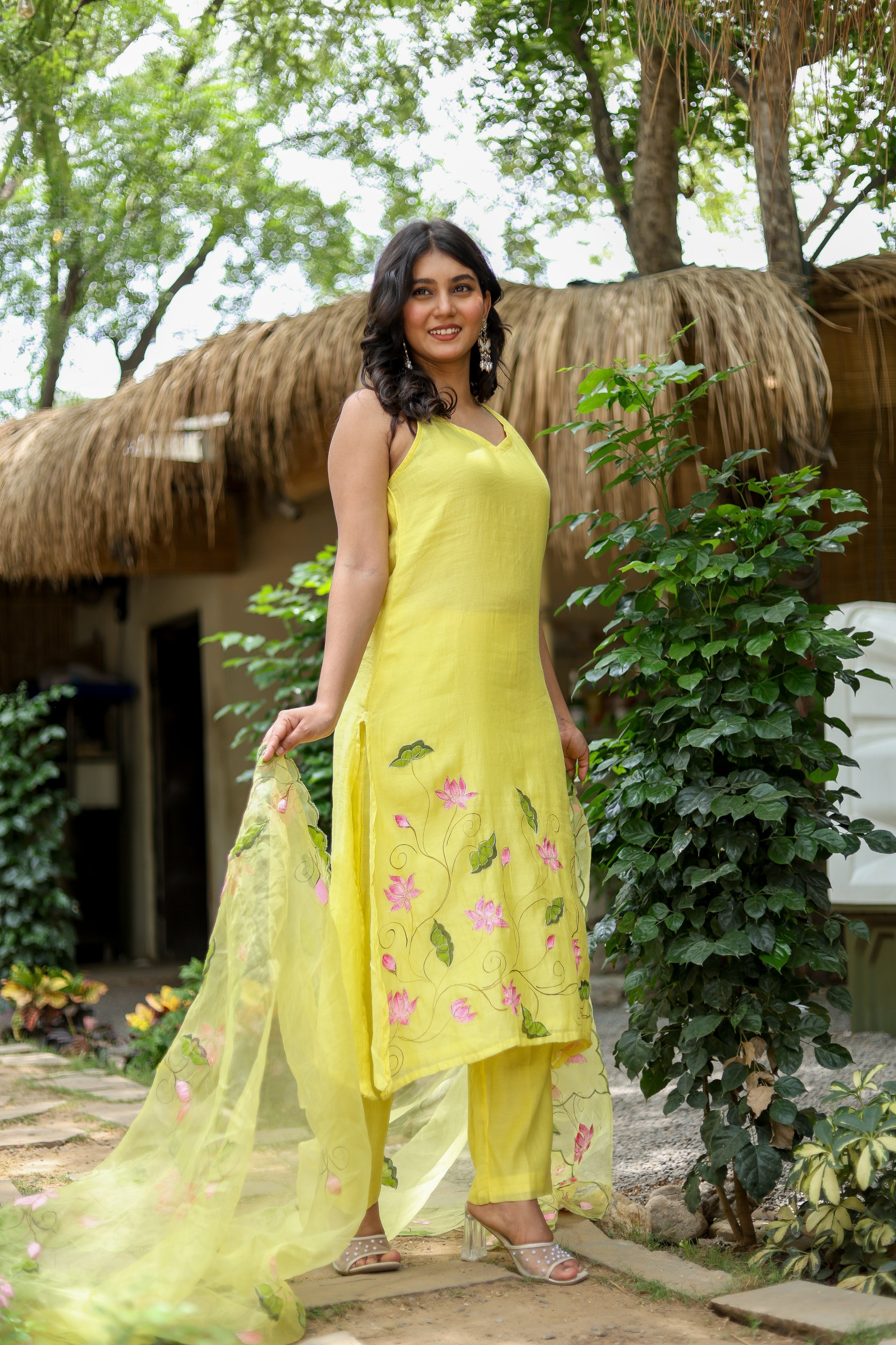 Lotus Glow (Pure Mal Chanderi Handpainted Kurta Set with Organza Dupatta)
