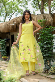 Lotus Glow (Pure Mal Chanderi Handpainted Kurta Set with Organza Dupatta)