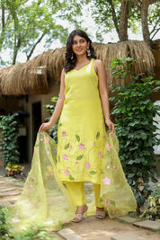 Lotus Glow (Pure Mal Chanderi Handpainted Kurta Set with Organza Dupatta)