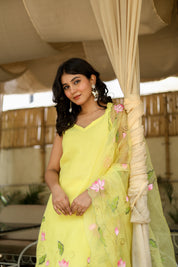 Lotus Glow (Pure Mal Chanderi Handpainted Kurta Set with Organza Dupatta)