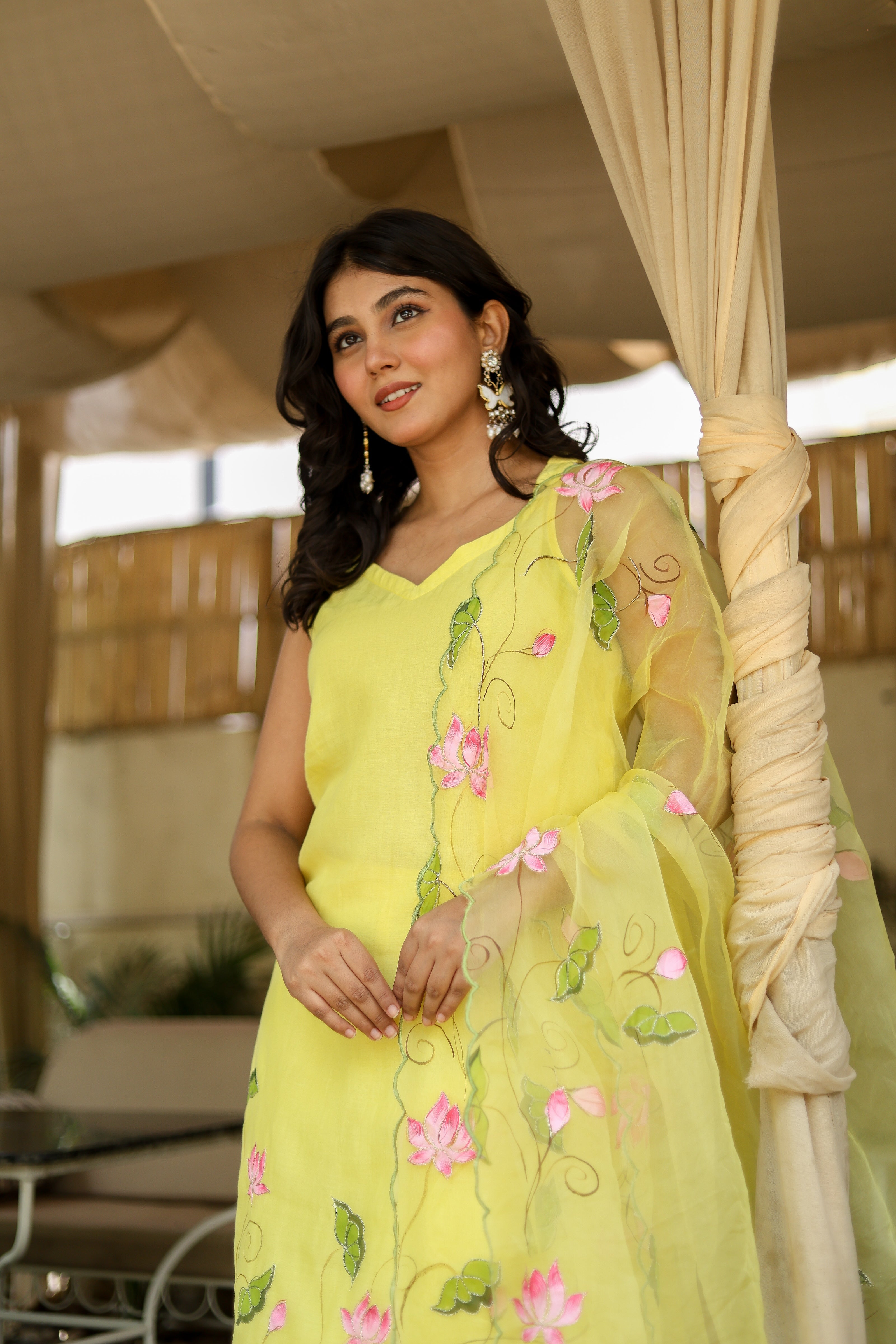 Lotus Glow (Pure Mal Chanderi Handpainted Kurta Set with Organza Dupatta)