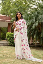 Bougainvillea Whisper(Pure Chiffon Hand Painted Saree in White)