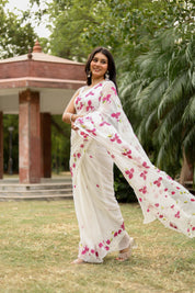 Bougainvillea Whisper(Pure Chiffon Hand Painted Saree in White)