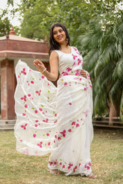 Bougainvillea Whisper(Pure Chiffon Hand Painted Saree in White)
