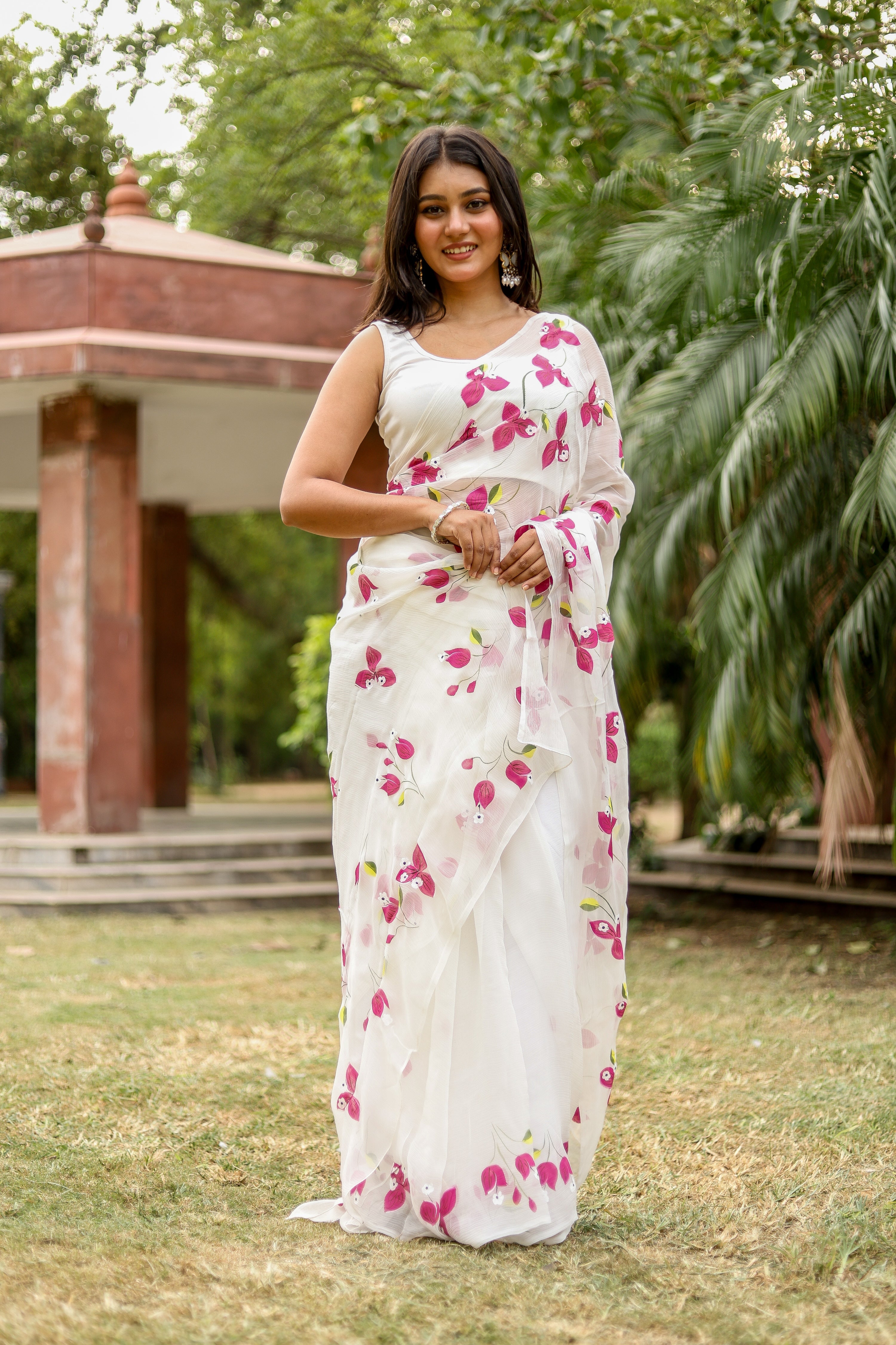 Bougainvillea Whisper(Pure Chiffon Hand Painted Saree in White)