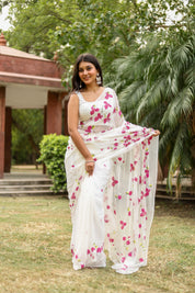 Bougainvillea Whisper(Pure Chiffon Hand Painted Saree in White)