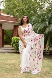 Bougainvillea Whisper(Pure Chiffon Hand Painted Saree in White)