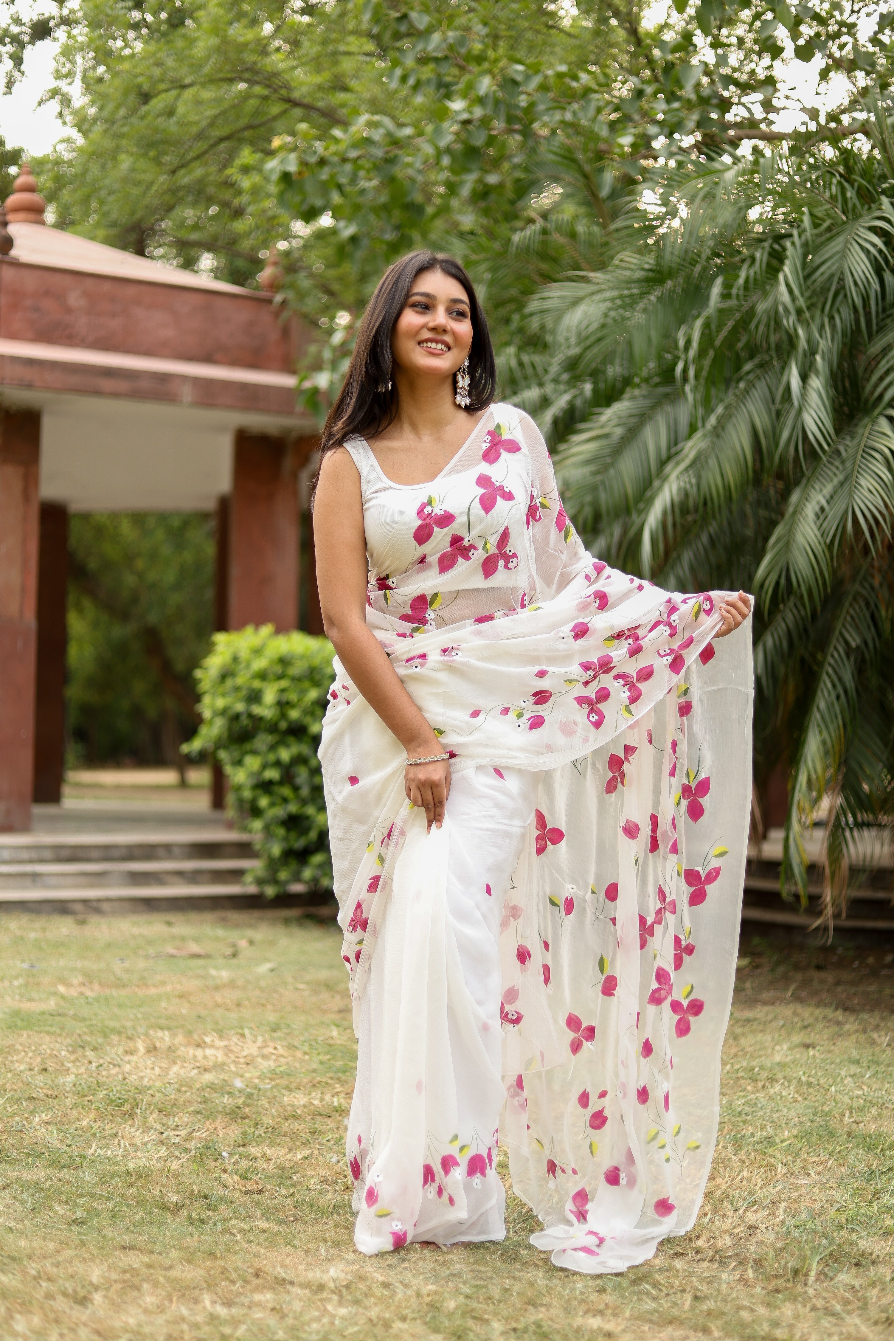 Bougainvillea Whisper(Pure Chiffon Hand Painted Saree in White)