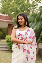 Bougainvillea Whisper(Pure Chiffon Hand Painted Saree in White)
