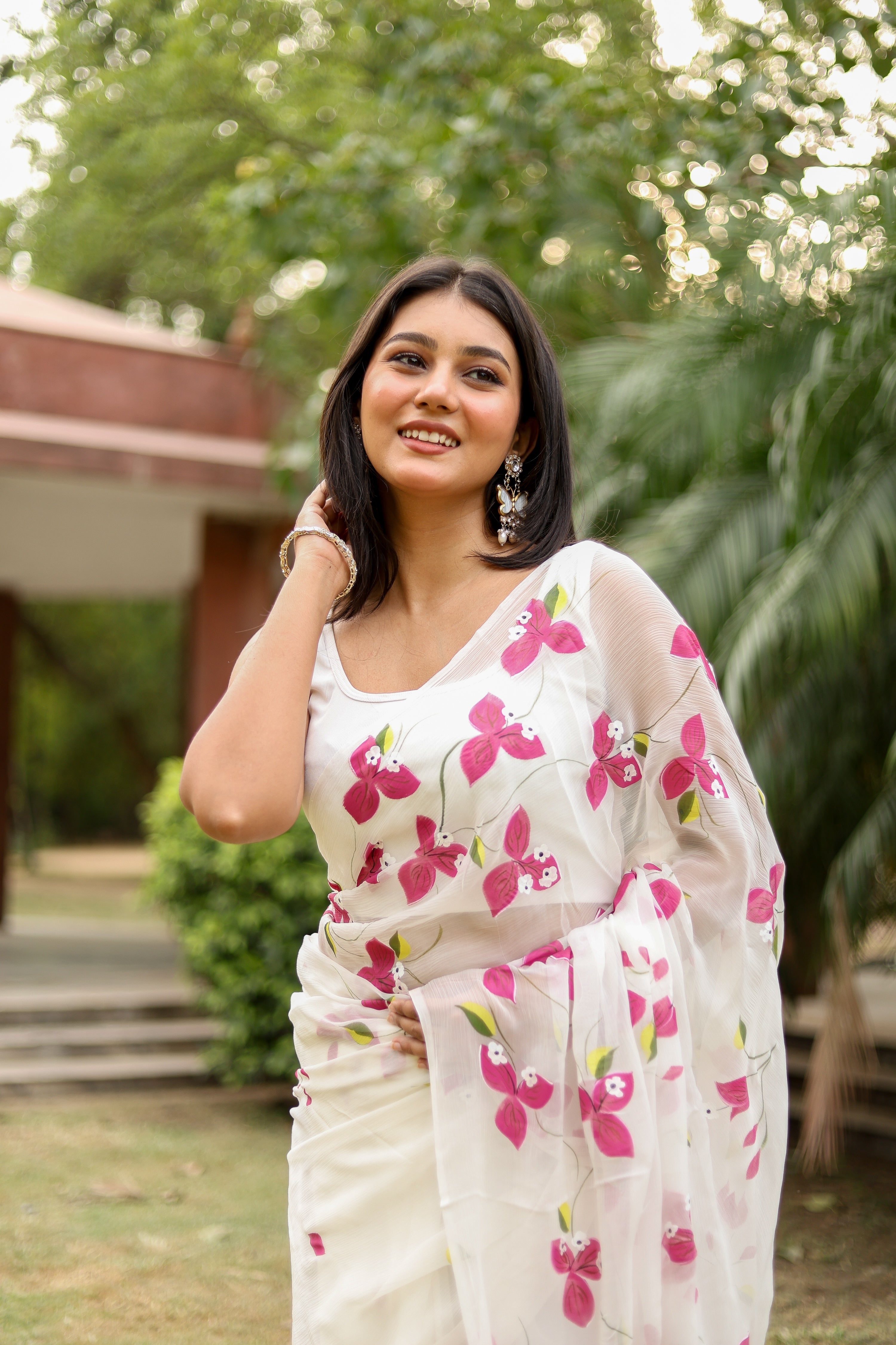 Bougainvillea Whisper(Pure Chiffon Hand Painted Saree in White)