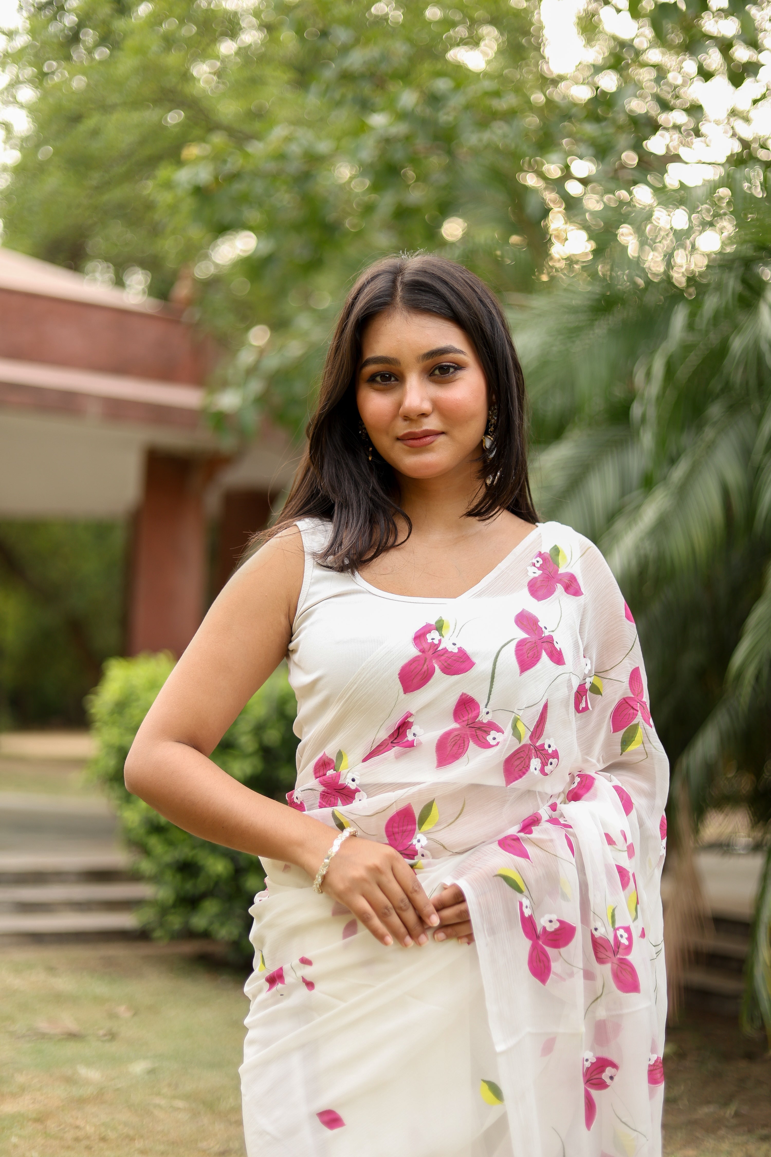 Bougainvillea Whisper(Pure Chiffon Hand Painted Saree in White)