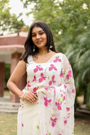 Bougainvillea Whisper(Pure Chiffon Hand Painted Saree in White)