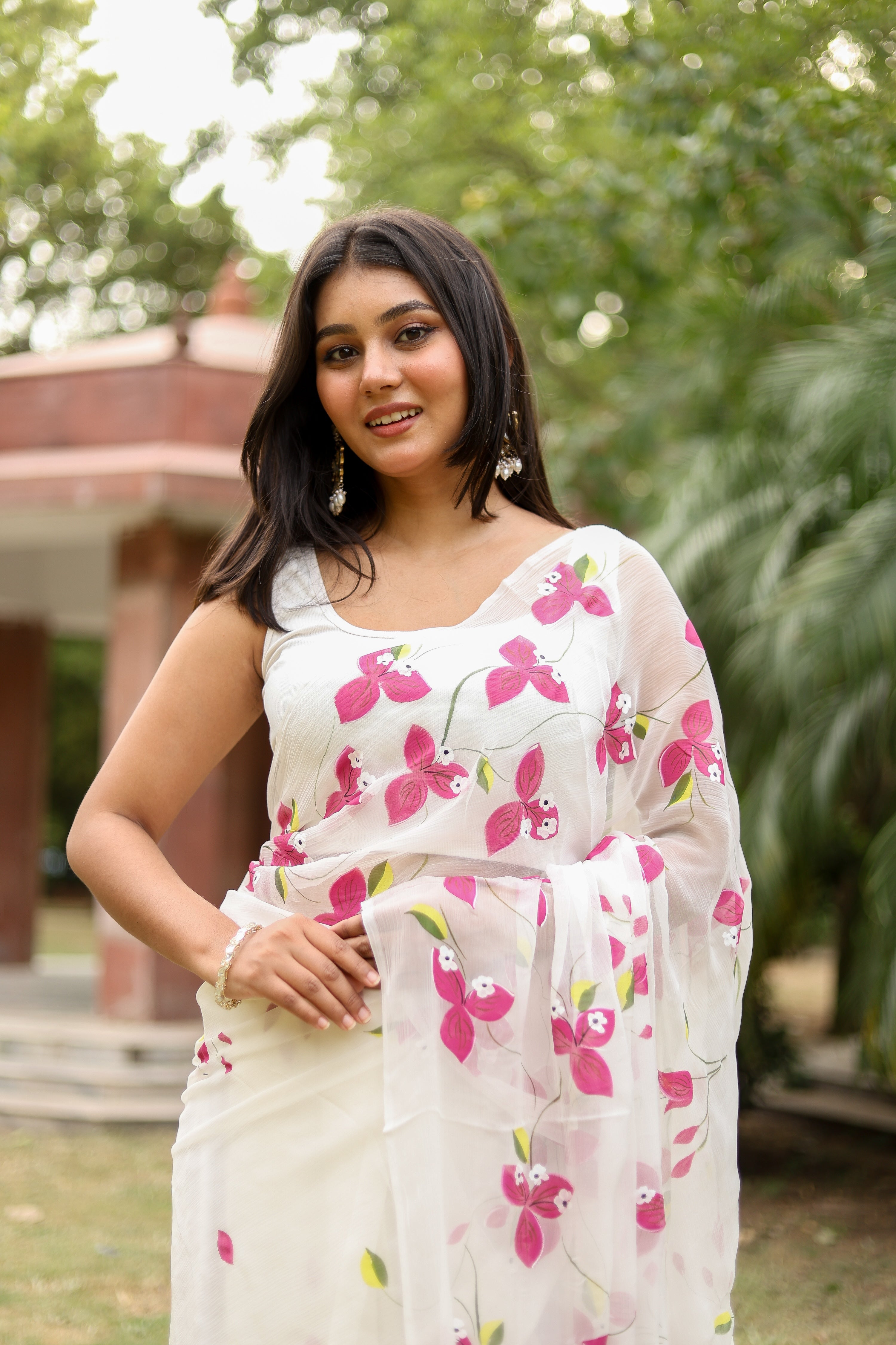 Bougainvillea Whisper(Pure Chiffon Hand Painted Saree in White)