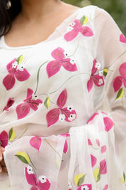 Bougainvillea Whisper(Pure Chiffon Hand Painted Saree in White)