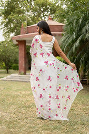 Bougainvillea Whisper(Pure Chiffon Hand Painted Saree in White)