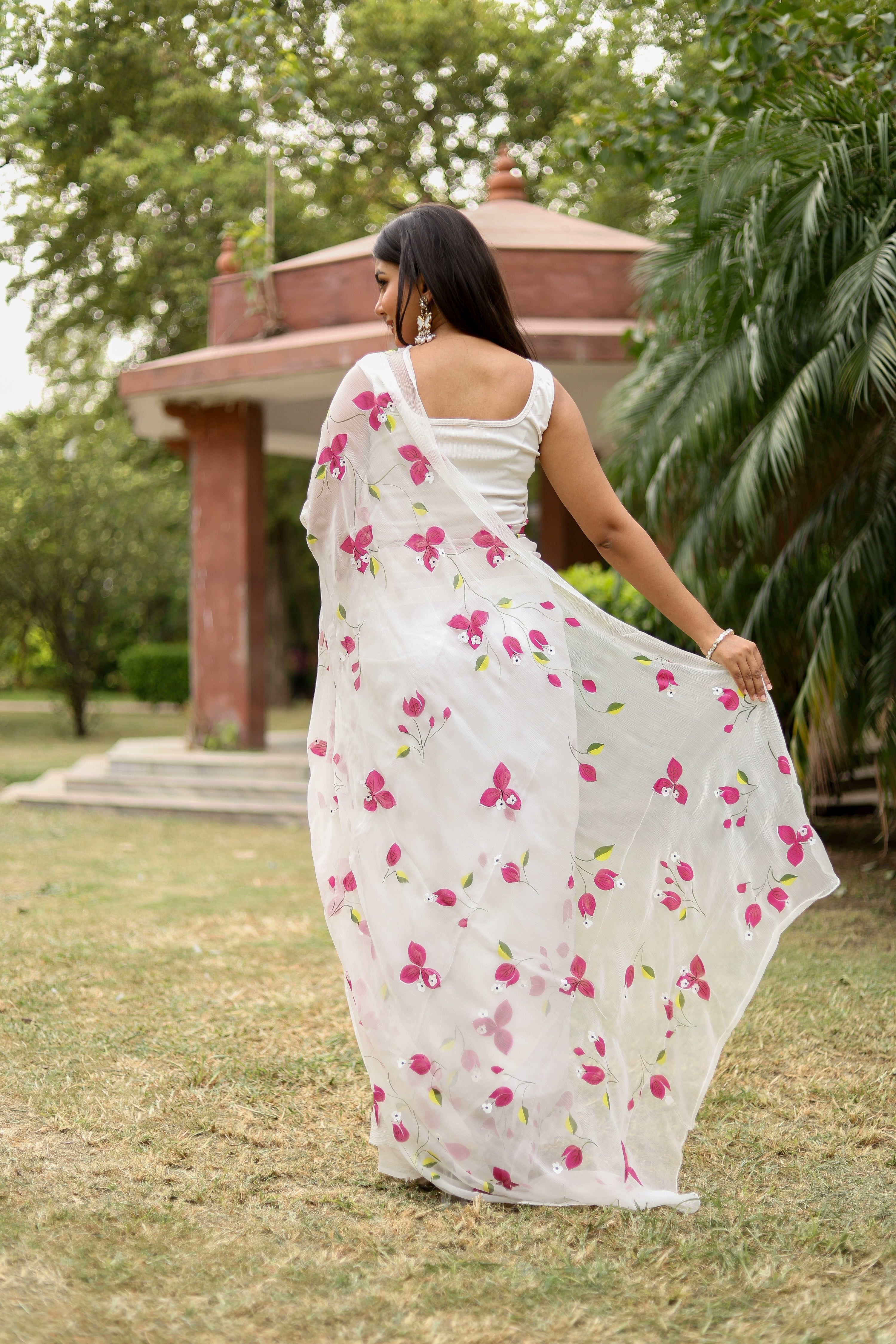 Bougainvillea Whisper(Pure Chiffon Hand Painted Saree in White)