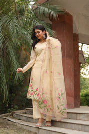 Tulip Whisper(Pure Mal Chanderi Handpainted Kurta Set with Organza Dupatta)