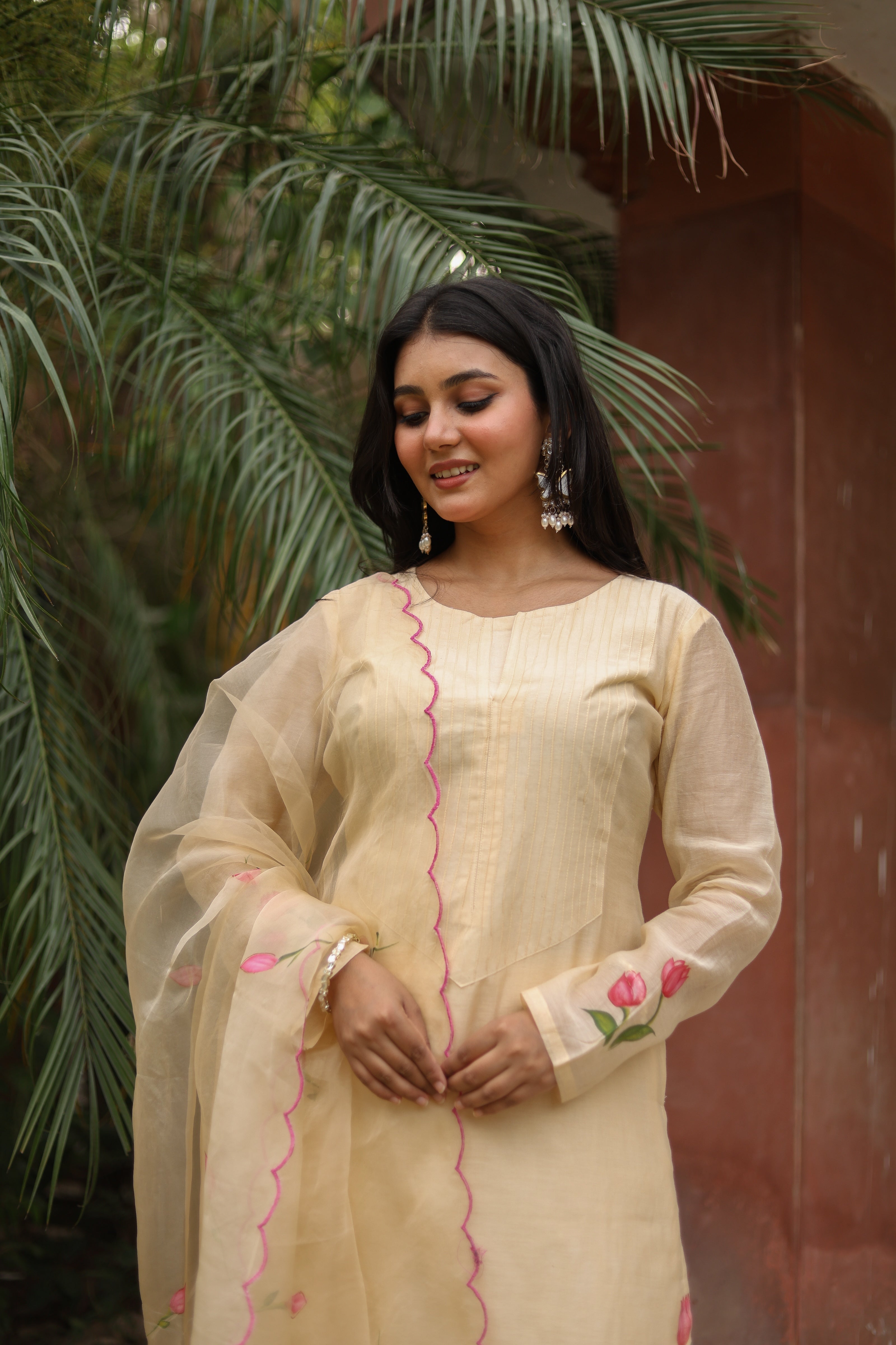 Tulip Whisper(Pure Mal Chanderi Handpainted Kurta Set with Organza Dupatta)