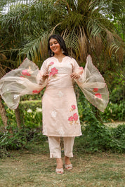 Blooming Blush (Pure Mal Chanderi Handpainted Kurta Set with Organza Dupatta)