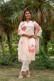 Blooming Blush (Pure Mal Chanderi Handpainted Kurta Set with Organza Dupatta)