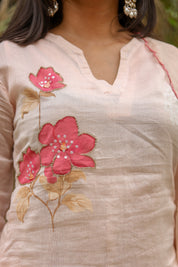 Blooming Blush (Pure Mal Chanderi Handpainted Kurta Set with Organza Dupatta)