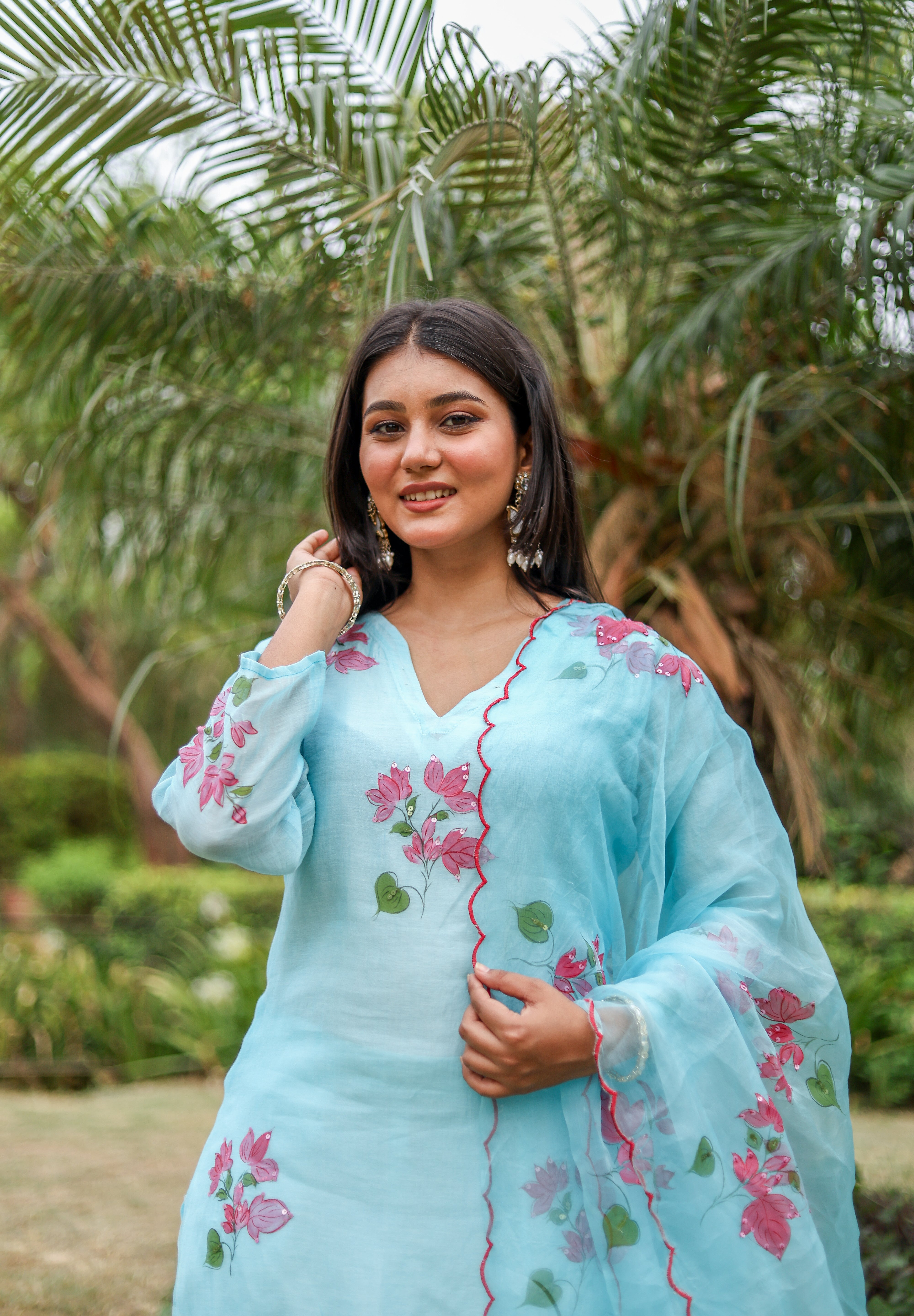 Bougainvillea Bliss (Pure Mal Chanderi Handpainted Kurta Set with Organza Dupatta)