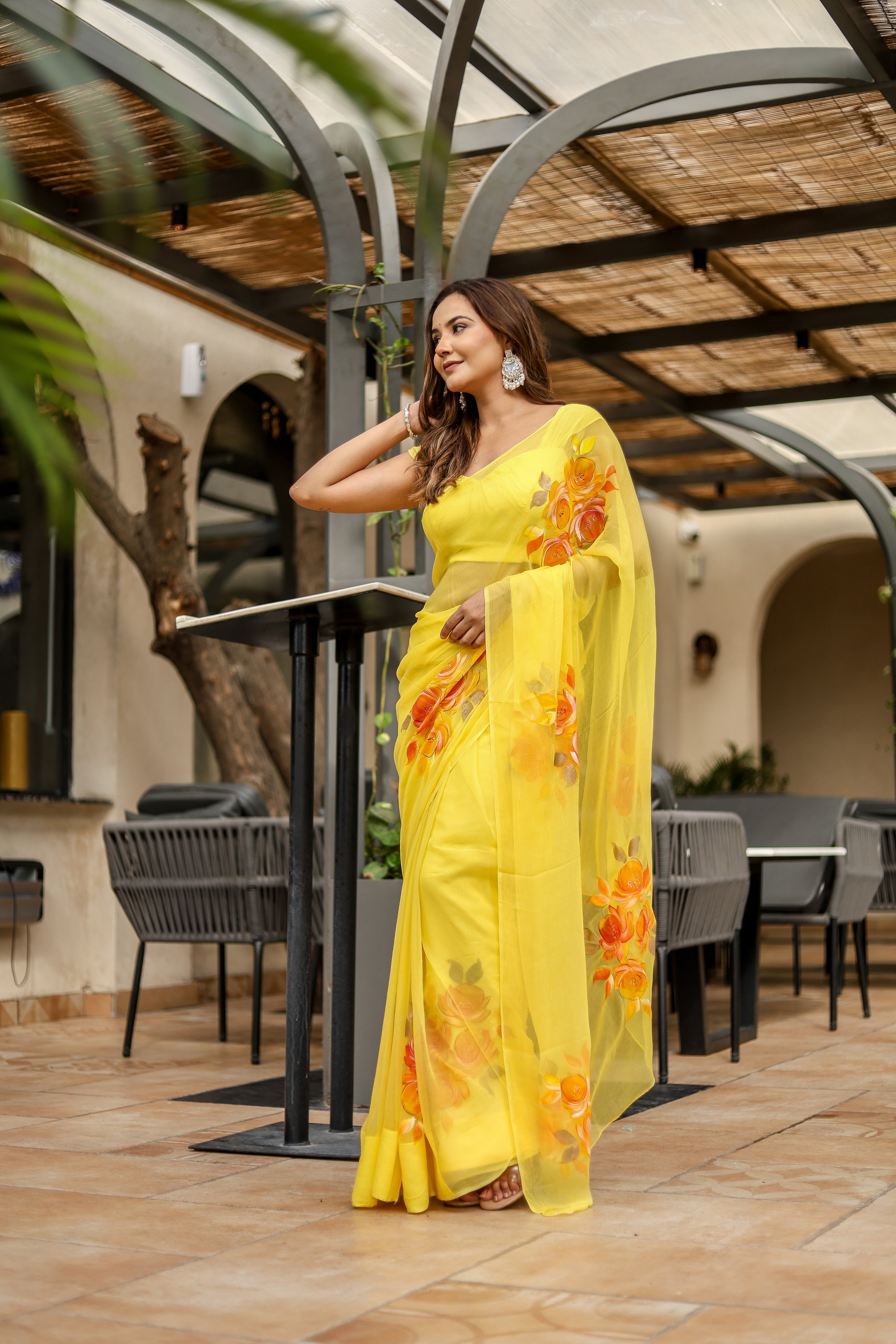 Golden Flare (Handpainted yellow pure viscose chiffon saree)