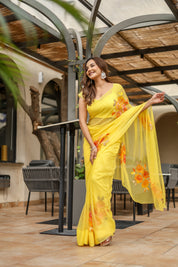Golden Flare (Handpainted yellow pure viscose chiffon saree)