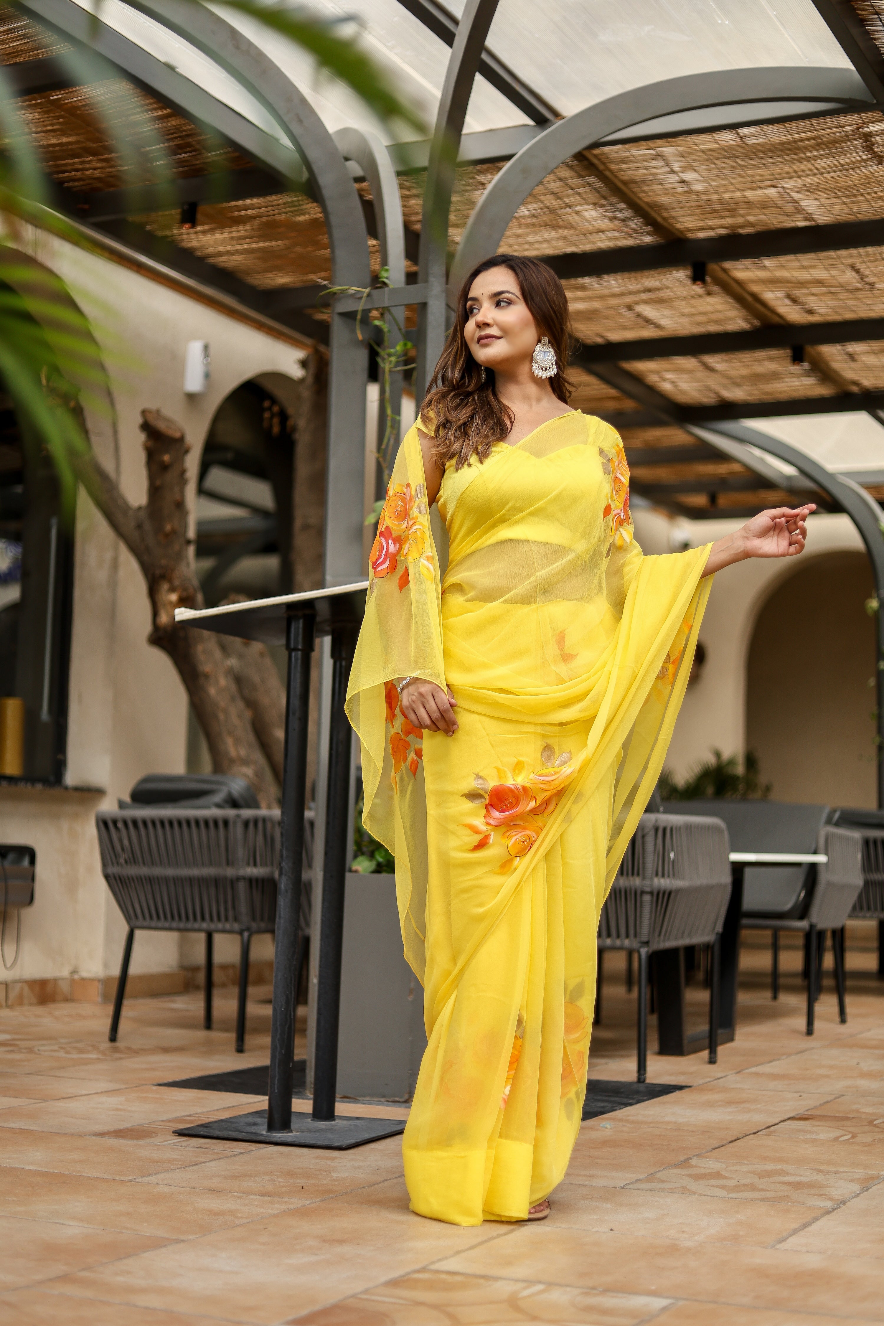 Golden Flare (Handpainted yellow pure viscose chiffon saree)