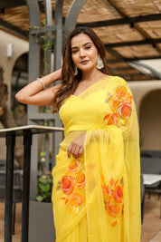 Golden Flare (Handpainted yellow pure viscose chiffon saree)