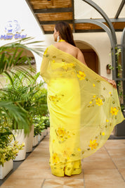 Floral Trail (Handpainted Yellow Pure Viscose Chiffon Saree with Mukaish Work)