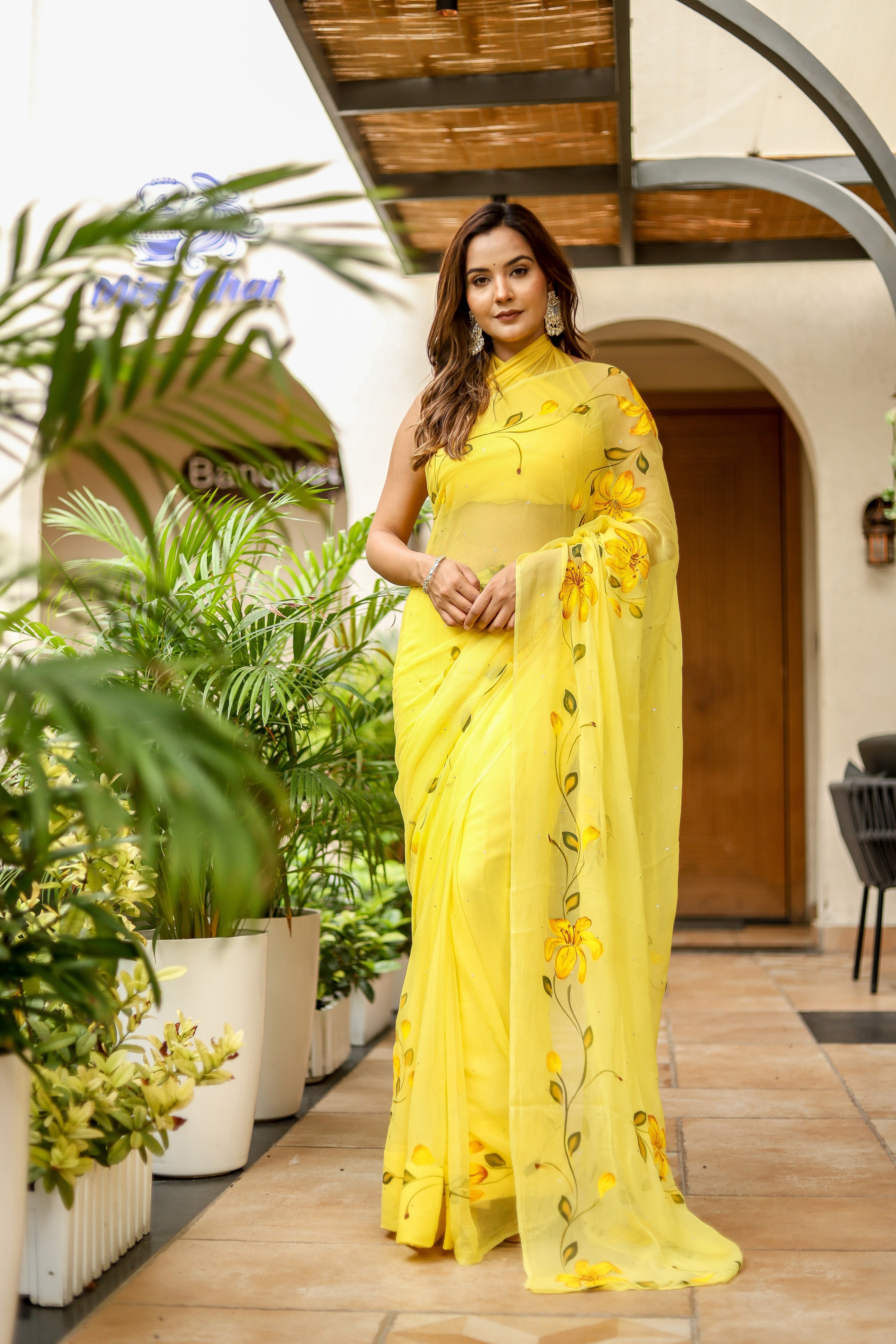 Floral Trail (Handpainted Yellow Pure Viscose Chiffon Saree with Mukaish Work)