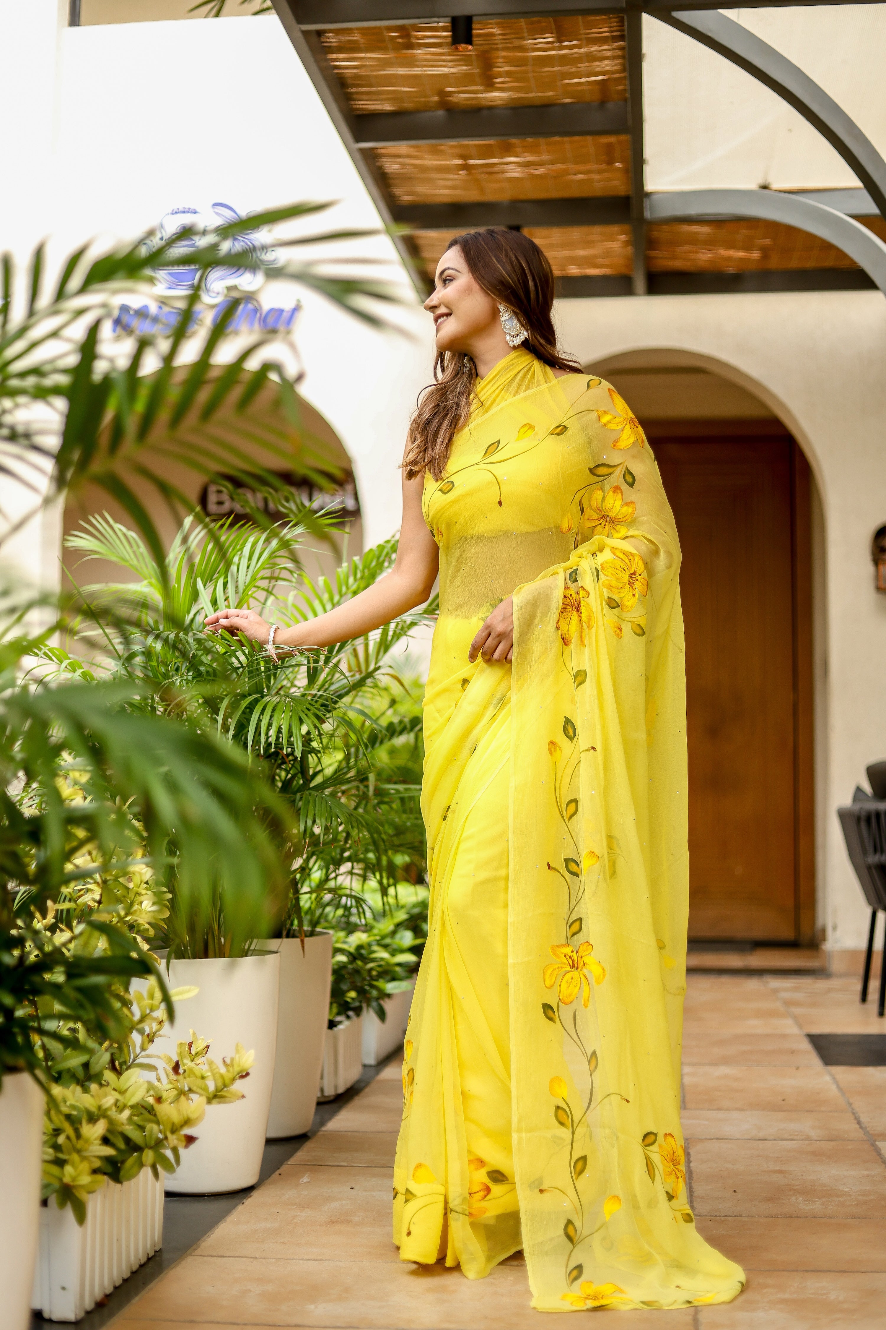 Floral Trail (Handpainted Yellow Pure Viscose Chiffon Saree with Mukaish Work)