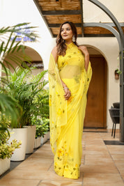 Floral Trail (Handpainted Yellow Pure Viscose Chiffon Saree with Mukaish Work)