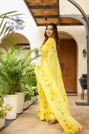 Floral Trail (Handpainted Yellow Pure Viscose Chiffon Saree with Mukaish Work)