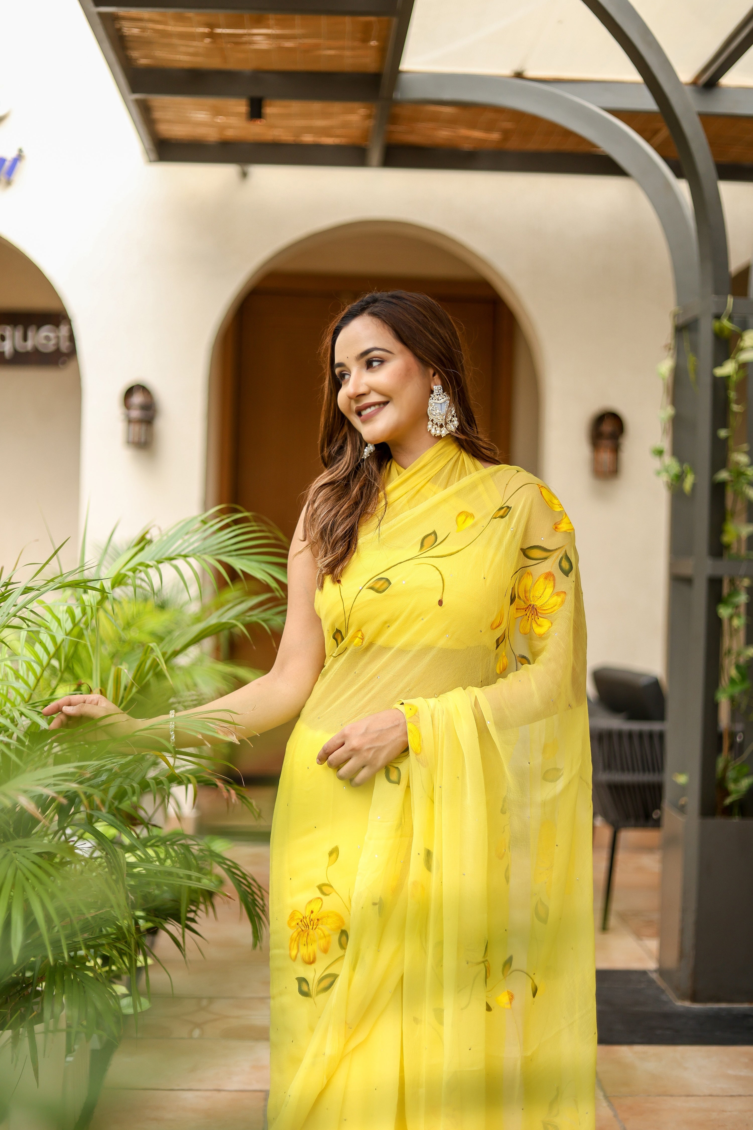 Floral Trail (Handpainted Yellow Pure Viscose Chiffon Saree with Mukaish Work)