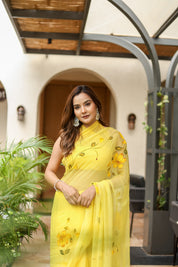 Floral Trail (Handpainted Yellow Pure Viscose Chiffon Saree with Mukaish Work)